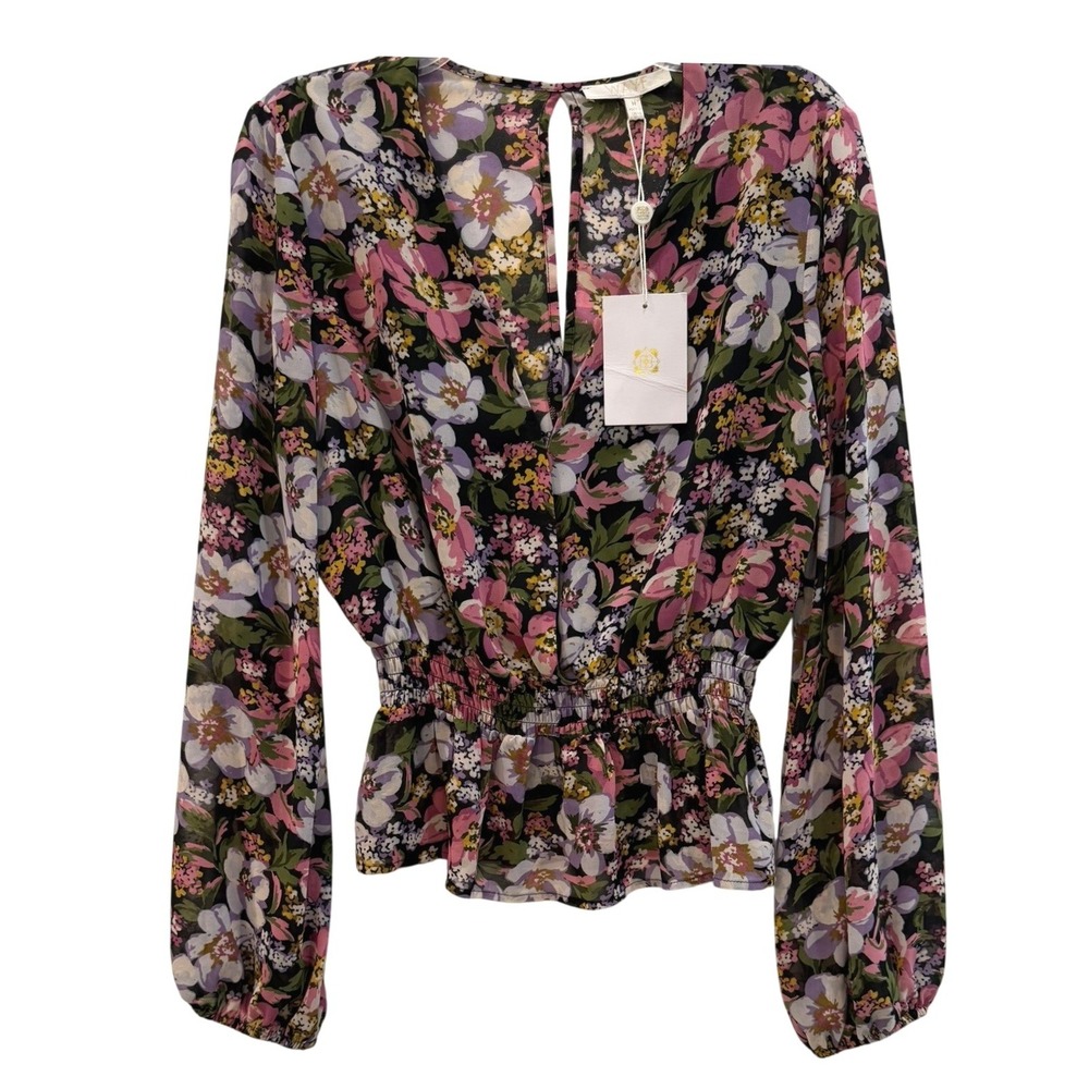 WAYF Floral Smocked Waist Peplum Blouse Purple Pink Long Sleeve V-Neck Top M NEW